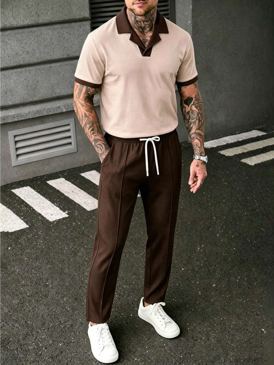 Manfinity CasualCool 男士夏季休閒拼色 Polo 衫與長褲套裝 - 棕色 - 查看 1