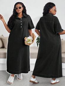SHEIN Lady Plus Size Denim Dress Casual Short Sleeve Long Blue - Black - View 2