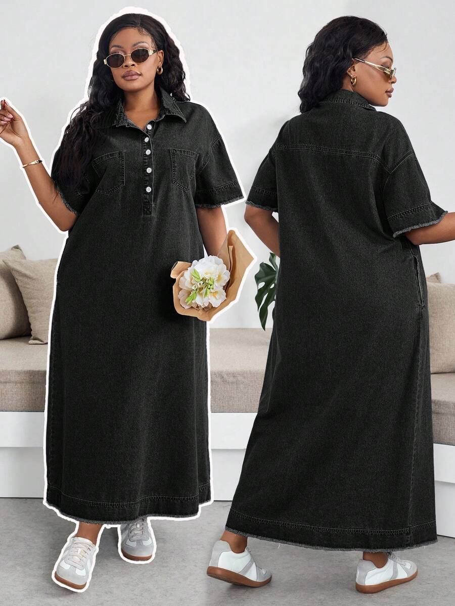 SHEIN Lady Plus Size Denim Dress Casual Short Sleeve Long Blue