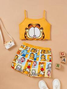 GARFIELD | SHEIN 青少年女孩夏季休閒卡通印花萵苣邊背心上衣和短褲睡衣套裝 - 黃色 - 查看 1