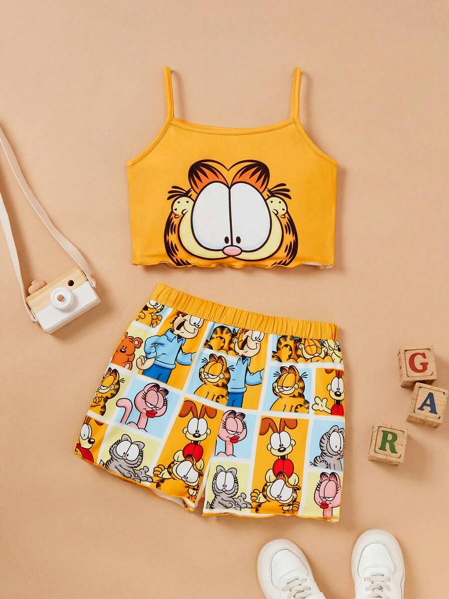 GARFIELD | SHEIN 青少年女孩夏季休閒卡通印花萵苣邊背心上衣和短褲睡衣套裝 - 黃色 - 查看 1