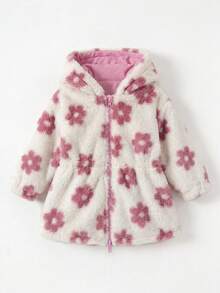 SHEIN Babygirl Reversible Floral Print Hooded Jacket, Autumn/Winter - Pink - View 6