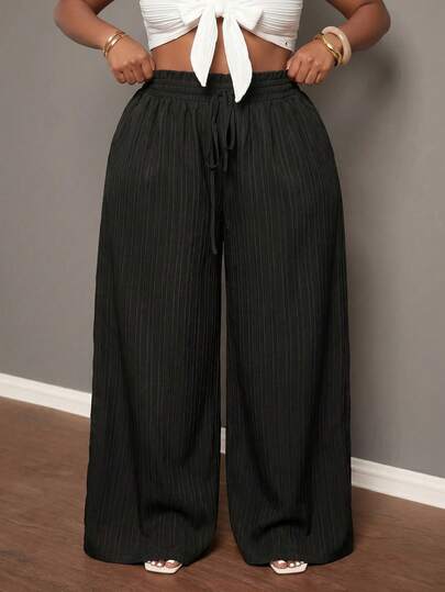 Slaydiva Plus Size Women's Textured Drawstring Waist Pocket Casual Long Pants Fall