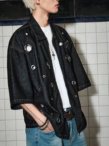 ROMWE MEN Street Life 男士玉米眼飾拉鍊休閒百搭日常旅行牛仔外套 - 藍色 - 查看 4