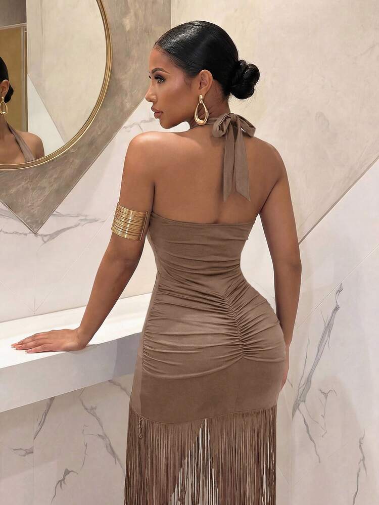 Slaydiva Brown Halter Deep V-Cut U-Neck Double-Sided Pleated Tassel Hem Maxi Dress, Summer New Music Festival Valentine's Day Easter Wedding Season Beach Vacation Casual Elegant Daily Wear, Beach Party Cruise Party Y2K Sexy Women's Long Dress - Khaki - View 8