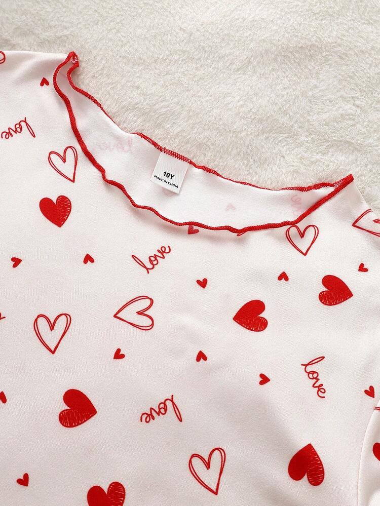 Girls Big Tween Girl Love Letter & Small Heart Print Contrast Color Ruffle Trim Pullover Long Sleeve & Long Pants Pajama Set Loungewear - Navy Blue - View 4