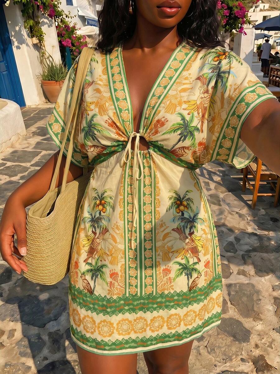 SHEIN SXY 女款米色大尺碼海灘度假洋裝 V 領熱帶印花迷你裙 夏季波希米亞風時尚度假穿搭 - 彩色 - 查看 1