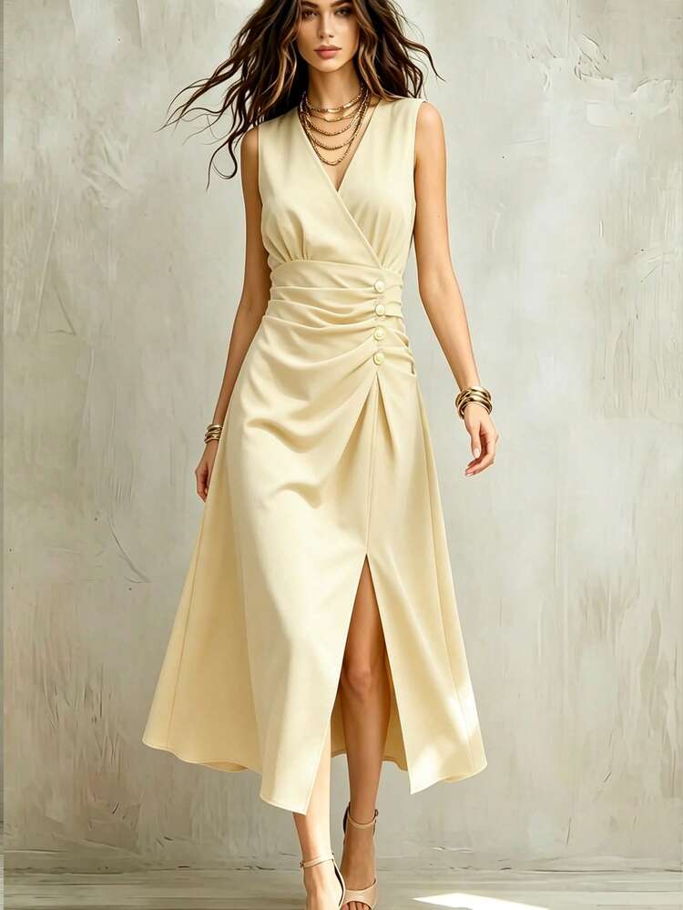 elegant brunch dress Franclia New Fashionable Sleeveless Cinched Waist Women's Dress,Beige Summer Formal Classic Yellow Dress For Woman Color:Clementine Shantung It’s incredibly comfortable basics A Line Layered Purple