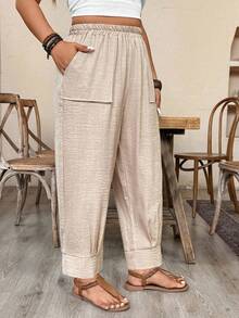 Breezaya Pantalones informales de aspecto de lino de unicolor para tallas grandes - Caqui - Ver 1