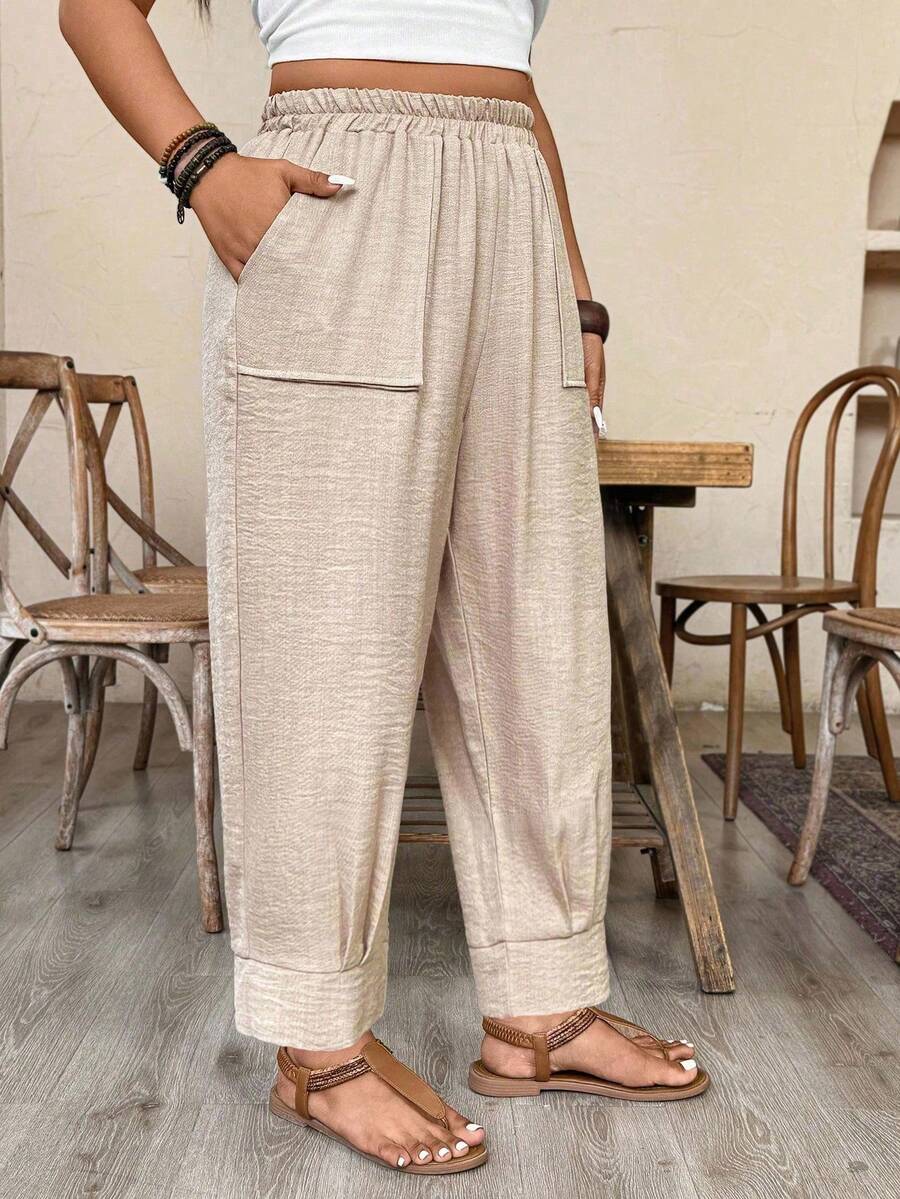 Breezaya Pantalones informales de aspecto de lino de unicolor para tallas grandes - Caqui - Ver 1