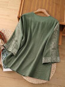 Rusticease 大尺碼女款休閒白色鏤空刺繡襯衫，秋季服飾 - 綠色 - 查看 2