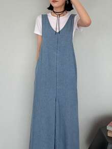 FRIFUL 女款蝴蝶結裝飾牛仔連身褲 - 藍色 - 查看 6