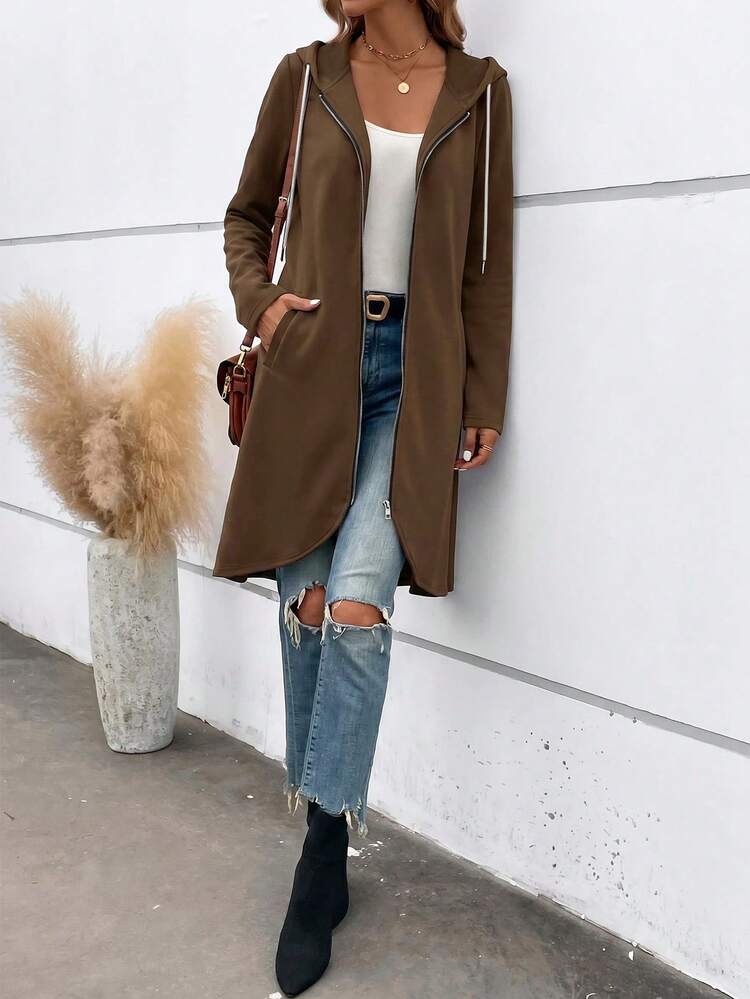 SHEIN LUNE Women's Solid Color Zipper Hooded Long Casual Jacket Suitable For Spring Autumn Drawstring Pockets Regular Fit Minimalist Travel Coffee Brown - Brown - View 3