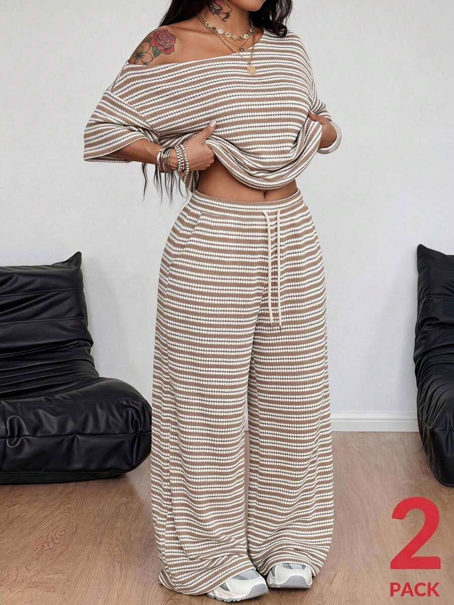 Coolane 女款大尺碼夏秋休閒街頭風度假灰色條紋露肩T恤寬腿運動褲兩件套套裝上班穿搭