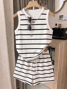 GlowEve Women Striped Round Neck Tank Top And Drawstring Waist Shorts Casual 2 Pieces Set - Multicolor - View 4