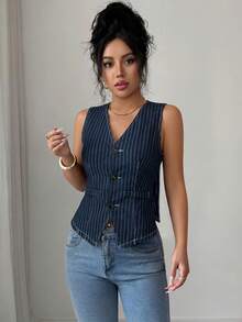 SHEIN Privé Áo vest denim nữ kẻ sọc cài nút đơn phong cách thường ngày - Màu xanh lam - Xem 4