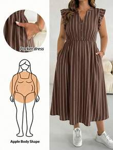 SHEIN Essnce 大尺碼女款條紋缺口V領百褶休閒日常夏季洋裝 - 彩色 - 查看 1