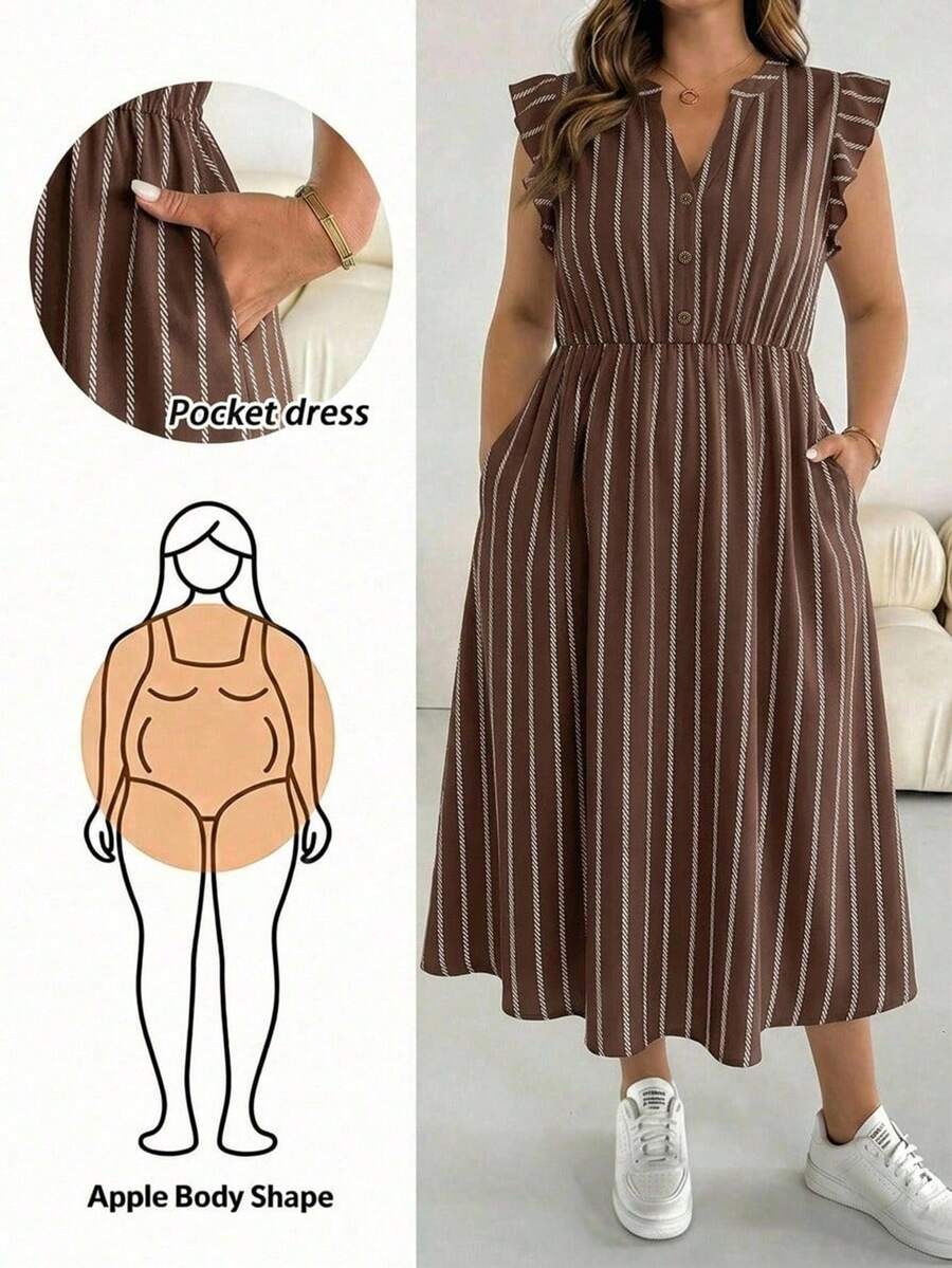 SHEIN Essnce 大尺碼女款條紋缺口V領百褶休閒日常夏季洋裝 - 彩色 - 查看 1