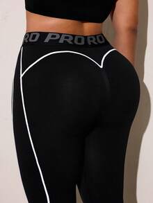 SHEIN Rhythm Era Women's Plus Size Letter Waistband Casual Sports Leggings - Black - View 3