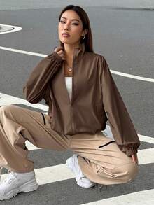 SHEIN EZwear 女款素色立領拉鍊時尚百搭日常旅行長袖夾克 - 咖啡棕 - 查看 4