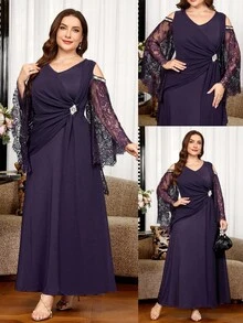 Reflora Plus Size Elegant Elegant Rhinestone Buckle Pleated Lace Patchwork Dress Fall - Purple - View 10