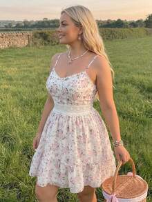 SHEIN MOD Plus Size Women's Spaghetti Strap Lace Patchwork Pleated Ditsy Floral Elegant Cute Summer Mini Dress,Summer Dresses For Women Vacation White - Multicolor - View 9