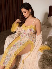 Slumberist Sexy Sheer Textured Mesh Apricot & Lemon Yellow Lace Trim Robe With Yellow Rose Floral Print, Spaghetti Strap Slit Lace Decor Nightgown, Plus Size Women's Sleepwear Set - Apricot - View 4