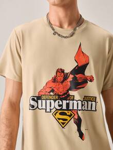 Strevion SUPERMAN 男士极简主义超人红色印花圆领短袖T恤，夏季 - 卡其色 - 查看 8
