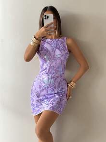 Aloruh 女款時尚派對亮片刺繡露背迷你洋裝 - 紫色 - View 4