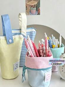 Kawaii Pastel Color Block Standing Canvas Pencil Case, Large Capacity Foldable Vertical Pen Bag With Hand Strap Zipper, Cute Aesthetic Stationery Organizer For Teen Girls Student Back To School Makeup Storage Pouch - multicolor - View 1