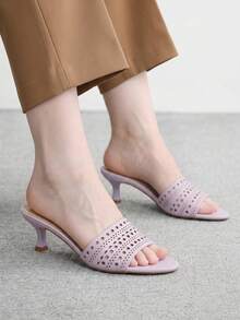 CUCCOO BIZCHIC 女款夏季新款紫色鏤空拼接高跟涼鞋，圓頭中跟露趾設計，適合日常穿搭，百搭舒適 - 匠心羊巴紫色68# - 查看 4