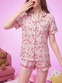 Notgurli Conjunto de pijama de 2 piezas para mujer con estampado de cerezas y cuadros rosas, satén, solapa y manga corta, ropa de descanso casual para vacaciones - Multicolor - Ver 1