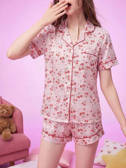 Notgurli Women's Pink Plaid Cherry Print Satin Lapel Short Sleeve 2 Pieces Pajama Set, Vacation Casual Loungewear Outfit Home & Living