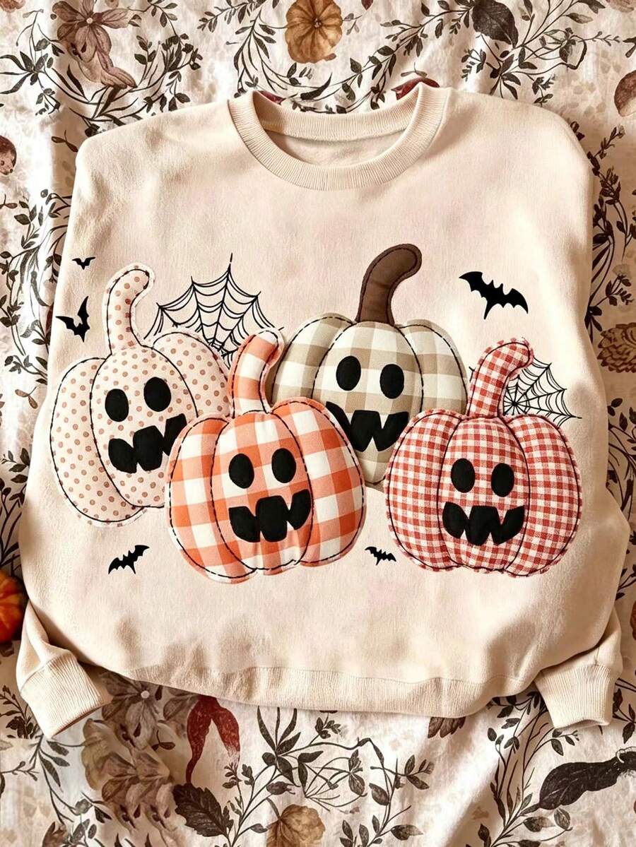 INAWLY Plus Size Halloween Pumpkin Print Sweatshirt Winter - Apricot - View 1