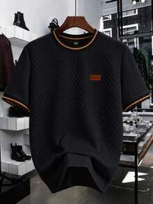 EGENSIO Men's Knitted Jacquard Solid Color Textured Collar & Cuffs Ribbed Chest Patch T-Shirt - Black - View 4