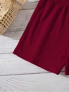 SHEIN Sparklyn 2 قطعة/مجموعة ملابس كاجوال متعددة الألوان من ملابس علوية بدون أكمام وشورت محبوك للفتيات المراهقات - عنابي اللون - مشاهدة 6