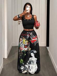 BamGleam Black And Pink Wide Leg Long Pants Night Out Going Out Bar Party Party Night Fall Rave Y2k Hip Hop Punk 90s - Black - View 2