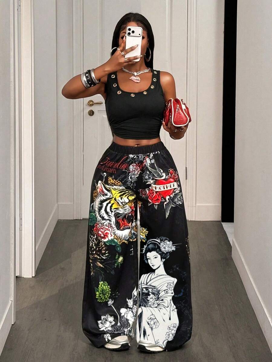 BamGleam Black And Pink Wide Leg Long Pants Night Out Going Out Bar ...