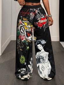 BamGleam Black And Pink Wide Leg Long Pants Night Out Going Out Bar Party Party Night Fall Rave Y2k Hip Hop Punk 90s - Black - View 7