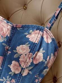 SHEIN MOD Women's Floral Print Camisole Denim Romper - Medium Wash - View 5