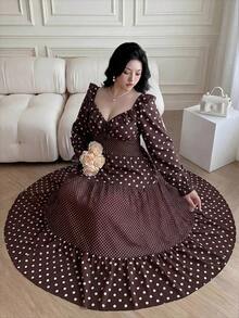 Vibekara Plus Size Women's Halloween Polka Dot Print Ruffle Front Tie Elegant Dress Fall - Multicolor - View 5