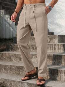 VENTUSAIL Pantalones lisos con cordón en la cintura, pantalones largos entallados de lino, lisos y frescos para salir, otoño, vacaciones - Caqui - Ver 4