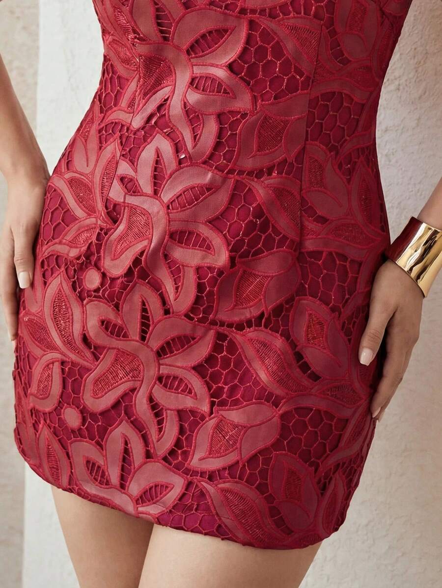 MOTF PREMIUM PLUS SIZE WOMEN'S PU LEATHER HOLLOW EMBROIDERY TANK DRESS WITHOUT BELT FALL - Red - View 2