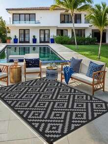 1pc 5'x8' Outdoor Rug For Patio , Waterproof Mat, Double-Sided Plastic Camping Rug, RV, Porch, Deck, Campers, Balcony, Backyard, Black And Gray - A - View 2