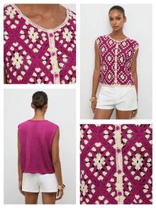 Maija Women's Summer Handmade Crochet Single-Breasted Knit Top Vacation Magenta Retro Casual - Pink - View 4