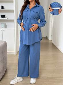 SHEIN Maternity Casual Commute Drawstring Waist Shirt & Pants 2 Pieces Set Fall - Blue - View 1