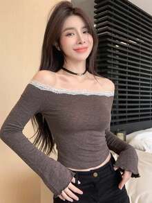 DAZY 女款方領修身T恤，性感風格 - 棕色 - 查看 4