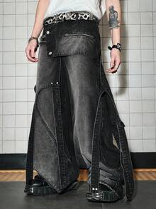 ROMWE MEN Casual 男士毛邊設計休閒解構重磅牛仔長褲 - 黑色 - 查看 8