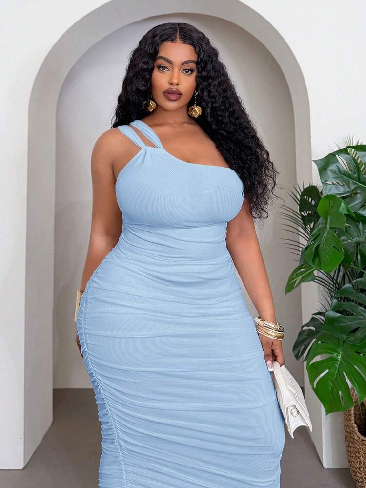 Slaydiva Plus Size Women's Solid Color One-Shoulder Sleeveless Fitted Fashion Elegant Vacation Dress - Blue - View 6