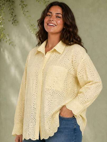 ELLERISSA Camisa larga amarilla de talla grande con bordado y borde de concha
